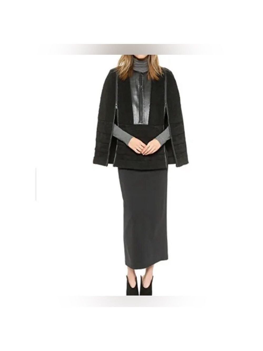 BCBGMAXAZRIA RUNWAY Marique Sherpa Vegan Leather Zip Cape Black SZ S
